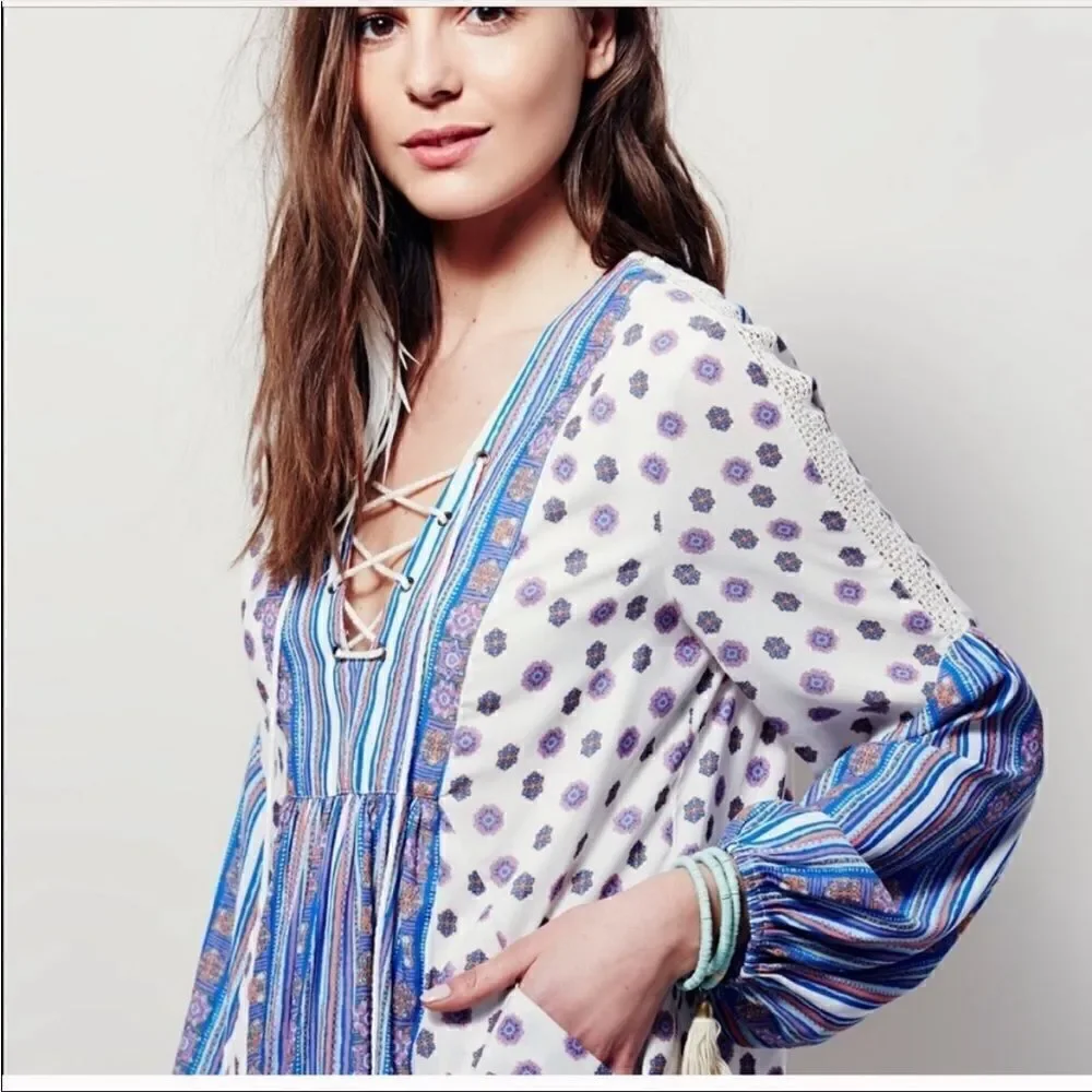 Free People Rain Shine Printed Lace-Up Swing Dress, NWT
